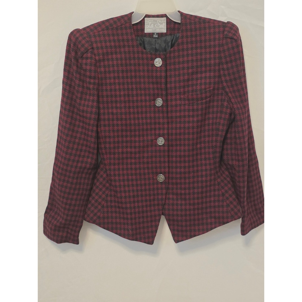 Vintage sz 10 Red Black Houndstooth Peplum Blazer Wool Blend Crest Button Jacket
